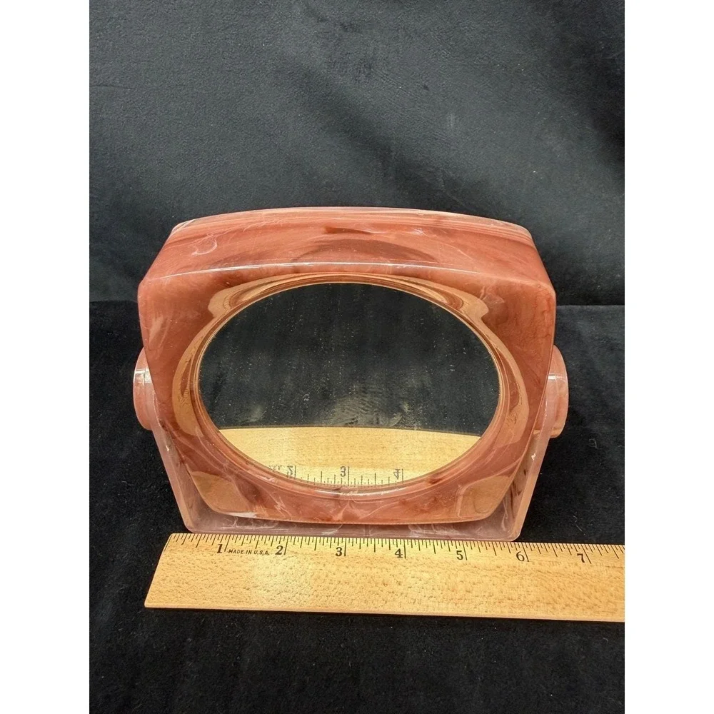 Vintage 80's Vanity Mirror Pink Marble Lucite Plastic Magnifying Swivel Retro